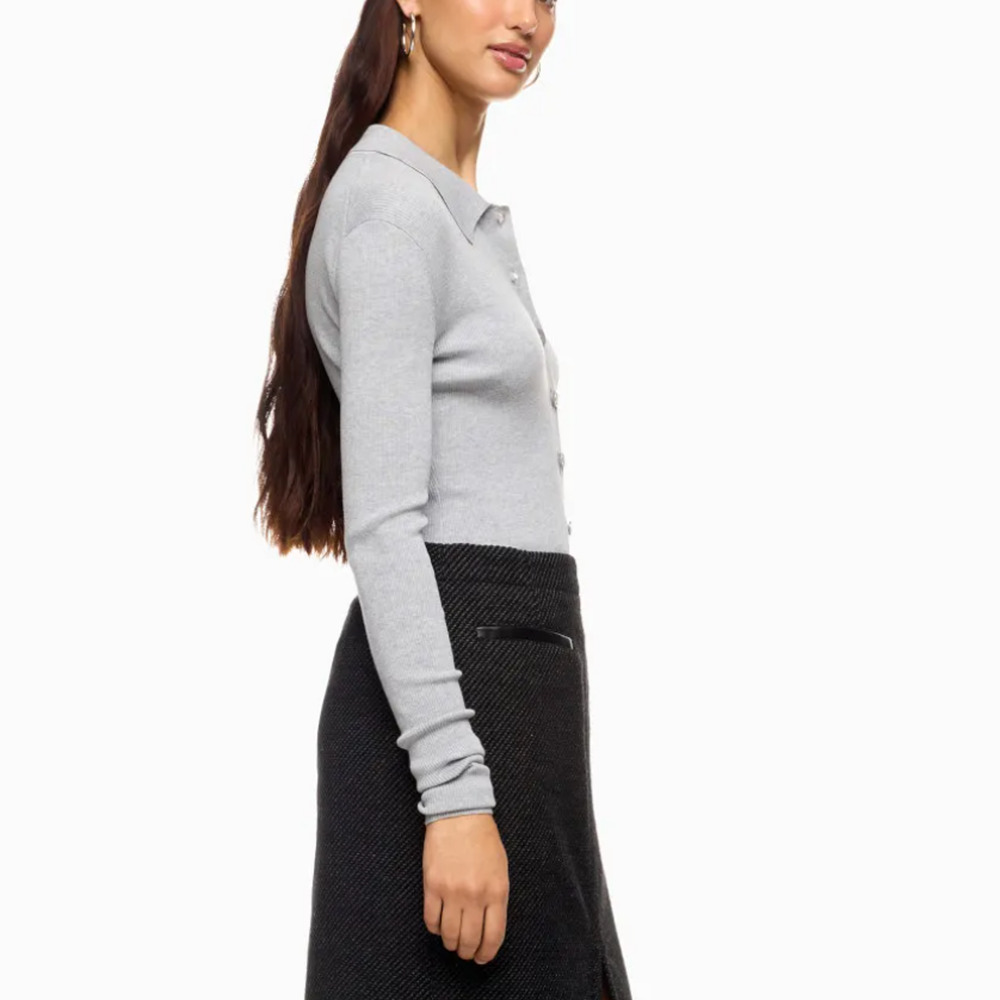 Michael Kors Gray Polo Sweater LARGE Fitted Cardigan Preppy Silk Cotton $300 - Picture 2 of 11